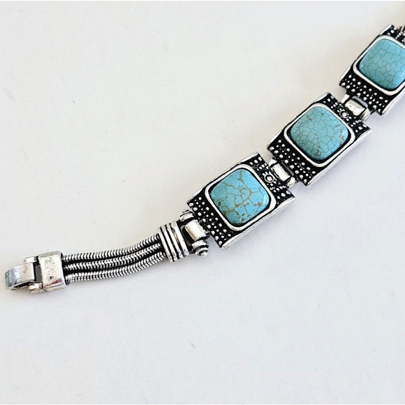 Faux Turquoise Bracelet Blue Geometric Silvertone Southwestern Aztec Boho Tribal - Picture 5 of 9